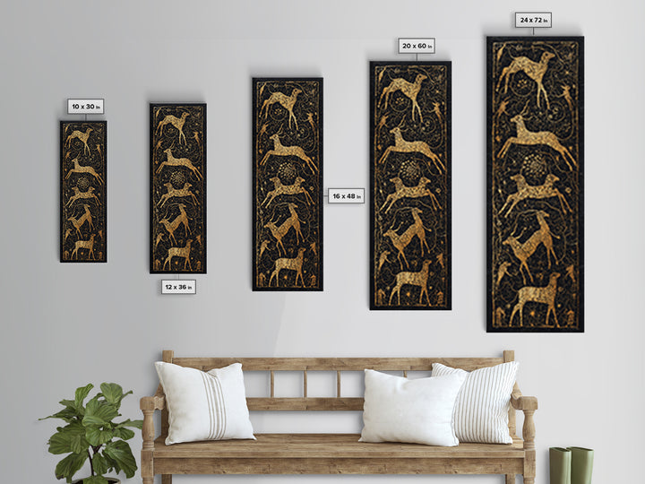 Gold Giraffe And Antelope Tribal Pattern Canvas Print, African Safari Wall Art, Black Gold Decor, Ethnic Textile Inspired Style