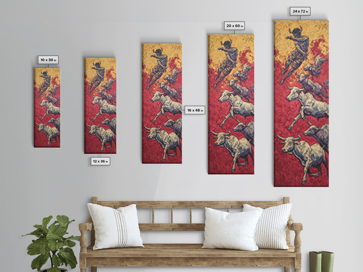 Leaping Bull Rider Over White Cattle Wall Art, African Warrior Art Canvas Print, Red Ochre Safari Decor, Bold Ethnic Gift