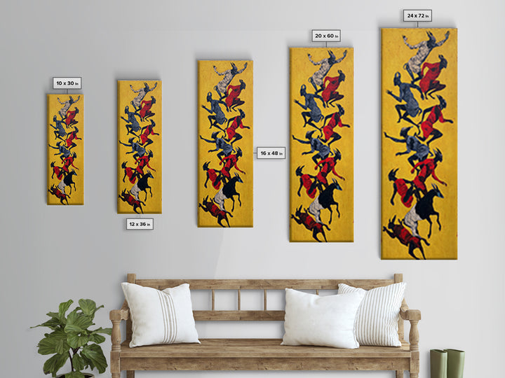 Yellow Abstract Dancers And Goats Canvas Print, African Tribal Art Wall Art, Red Black Ethnic Decor, Modern Culture Gift