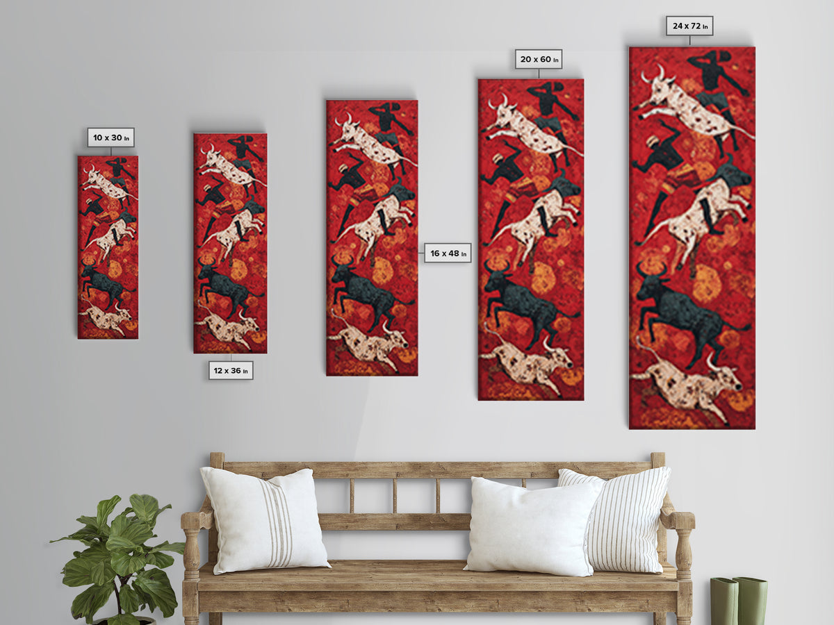 Red Cave Style Cattle Silhouettes Wall Art, African Animal Art Canvas Print, Tribal Safari Decor, Rustic Statement Home Gift