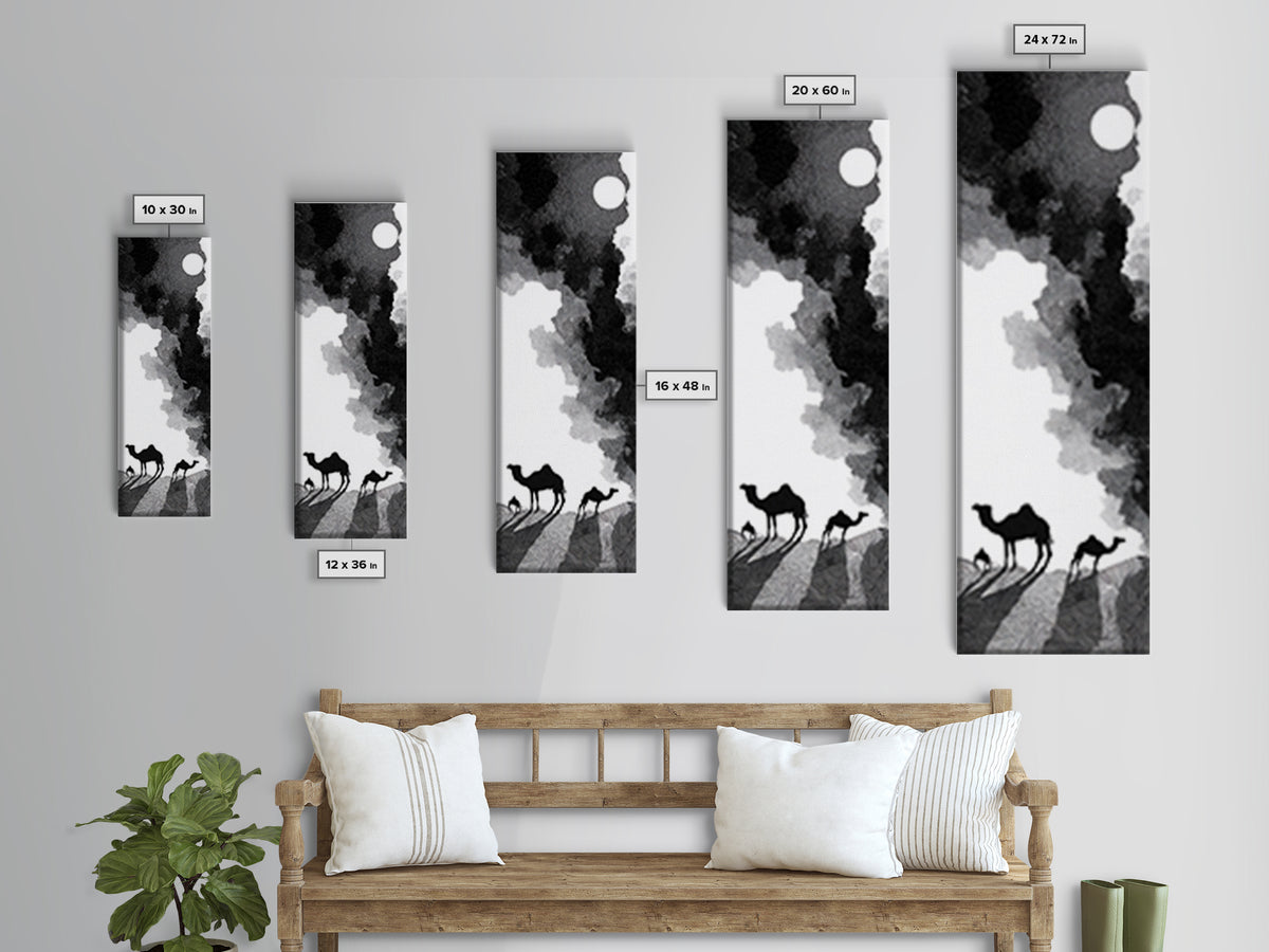 Black And White Desert Camels Under Sun Wall Art, African Landscape Canvas Print, Minimalist Safari Decor, Boho Travel Gift