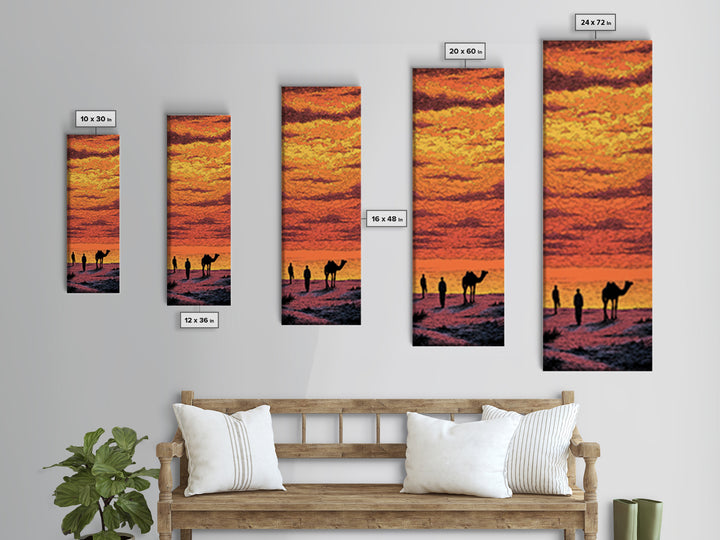 Orange Sahara Sunset With Camel Silhouettes Canvas Print, African Landscape Wall Art, Desert Travel Decor, Warm Boho Gift