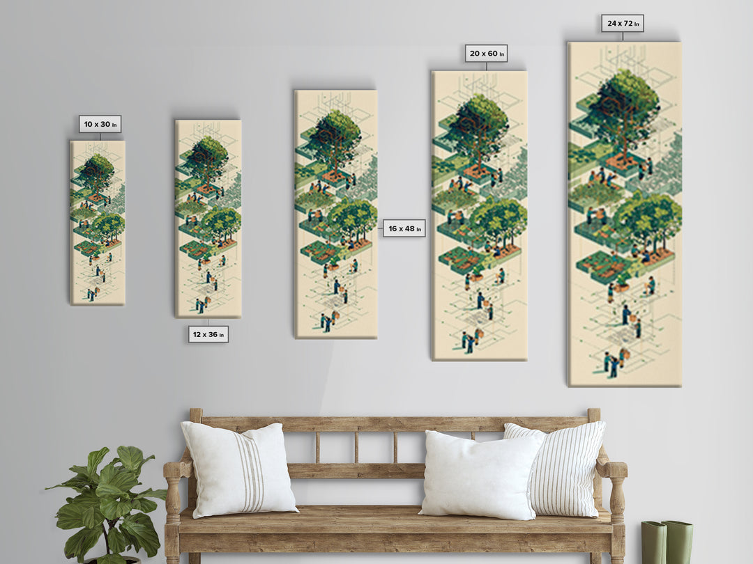 Isometric Urban Garden And Big Tree Wall Art, Community Park Illustration, Modern Green Home Decor, Unique Canvas Gift For Office