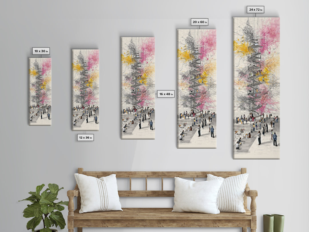 Spiral Tower In Blooming City Framed Canvas Print, Architectural Wall Art, Urban People Scene, Modern Office Decor Gift For Him