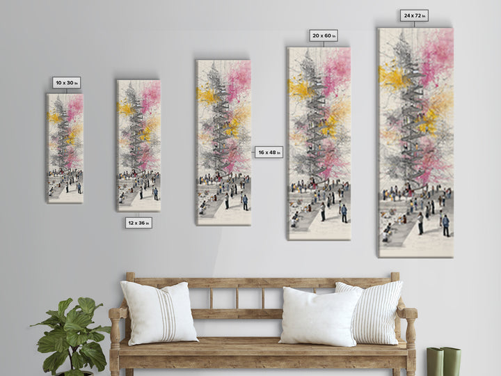 Spiral Tower In Blooming City Framed Canvas Print, Architectural Wall Art, Urban People Scene, Modern Office Decor Gift For Him