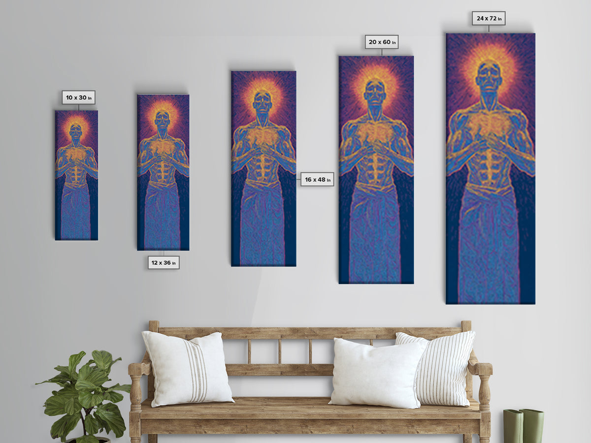 Glowing Anatomical Prayer Male Energy Figure Canvas Print, Spiritual Wall Art, Abstract Black Art, Meditation Room Decor Gift