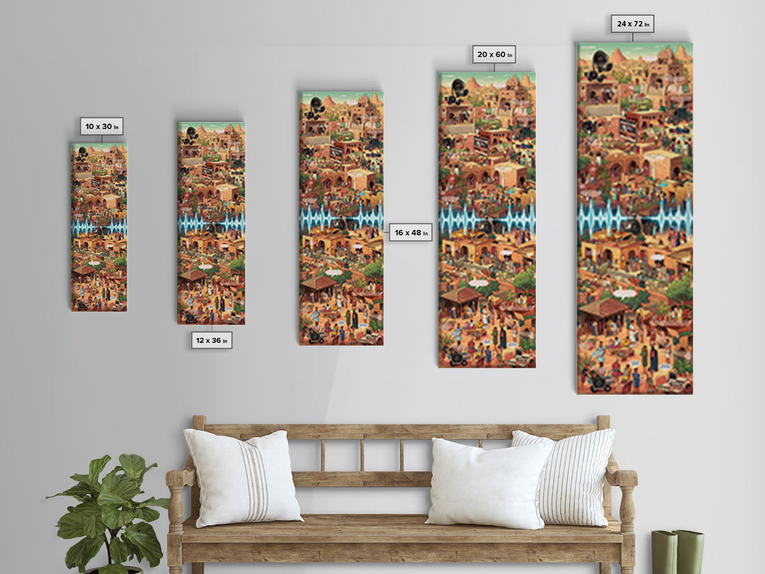 Bustling African Market City Wall Art, Pixel Style Cultural Canvas Decor, Afrocentric Travel Poster, Vibrant Statement Print