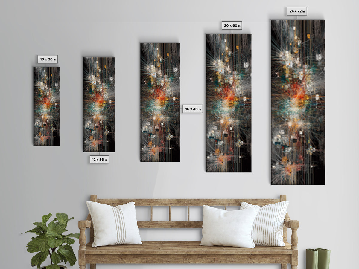 Dark Futuristic City Lights Framed Canvas Print, Abstract Urban Wall Art, Modern Black Gold Teal Statement Decor For Living Room