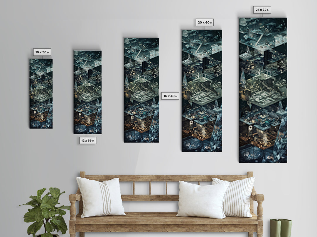Floating Crystal Interior Architecture Wall Art, Futuristic Isometric Rooms Print, Modern Blue Gray Sci Fi Home Decor Gift