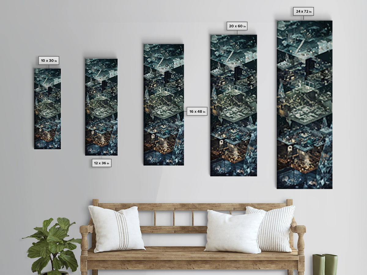 Floating Crystal Interior Architecture Wall Art, Futuristic Isometric Rooms Print, Modern Blue Gray Sci Fi Home Decor Gift
