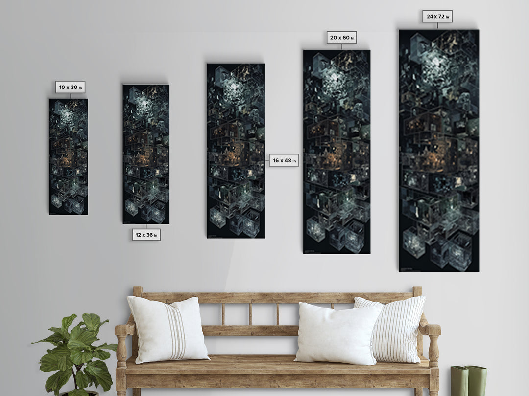 Dark Isometric Cyberpunk City Blocks Canvas Print, Futuristic Architecture Wall Decor, Modern Black Sci Fi Art Poster Gift