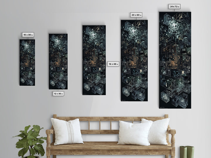 Dark Isometric Cyberpunk City Blocks Canvas Print, Futuristic Architecture Wall Decor, Modern Black Sci Fi Art Poster Gift