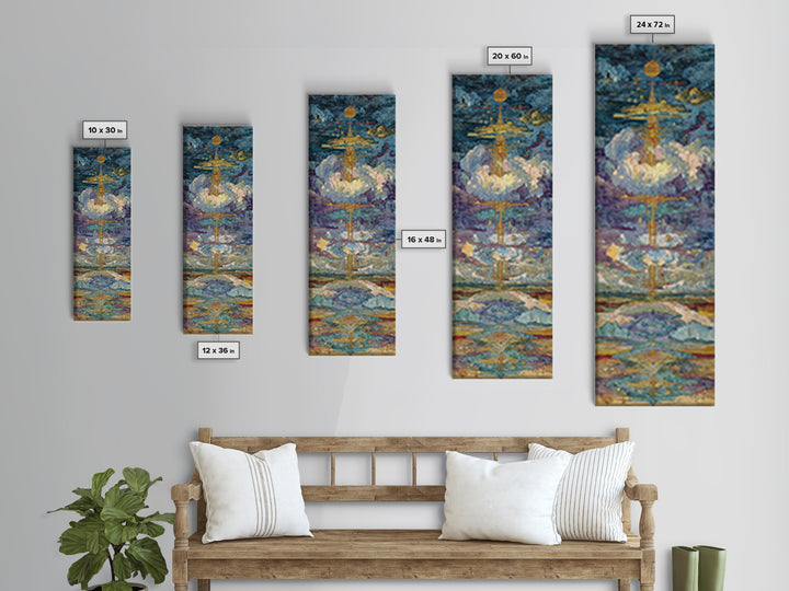 Floating Golden Temple In Clouds Wall Art, Mystical Landscape Art Print, Blue Gold Statement Decor, Modern Canvas Art Gift