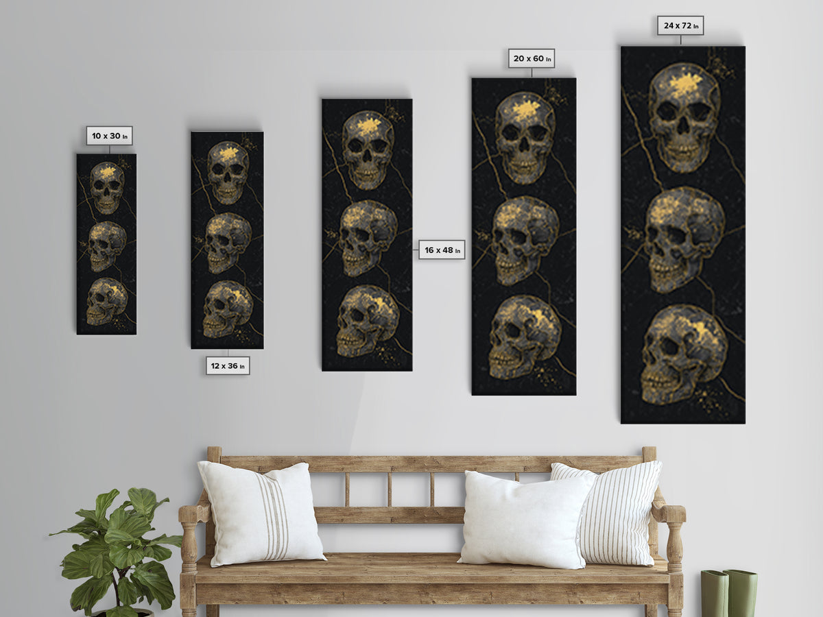 Three Gold Skulls On Black Canvas Print, Gothic Anatomy Wall Art, Dark Luxury Decor, Macabre Statement Gift For Him Home Decor