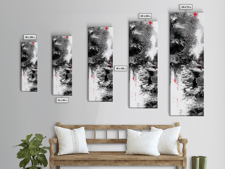 Black And White Abstract River Figure Wall Art, African Abstract Painting, Modern Ink Texture Decor With Red Accents Fine Art Print