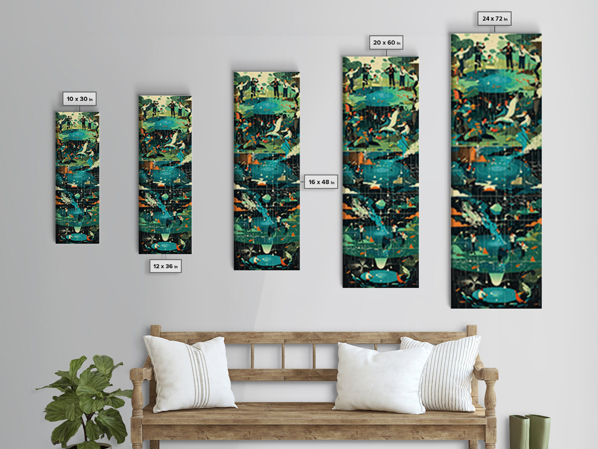 Teal Crane Pond And Rainy Garden Framed Canvas Print, African Inspired Bird Art, Nature Scene Decor For Living Room Wall Gift