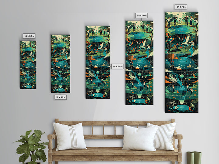 Teal Crane Pond And Rainy Garden Framed Canvas Print, African Inspired Bird Art, Nature Scene Decor For Living Room Wall Gift