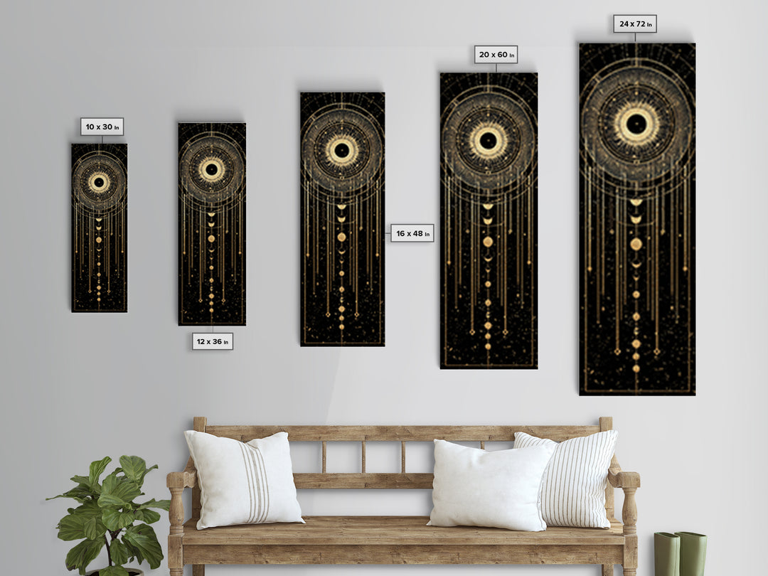 Golden Celestial Eye And Moon Phases Wall Art, African Inspired Spiritual Wall Decor, Mystical Black Gold Canvas Print Gift