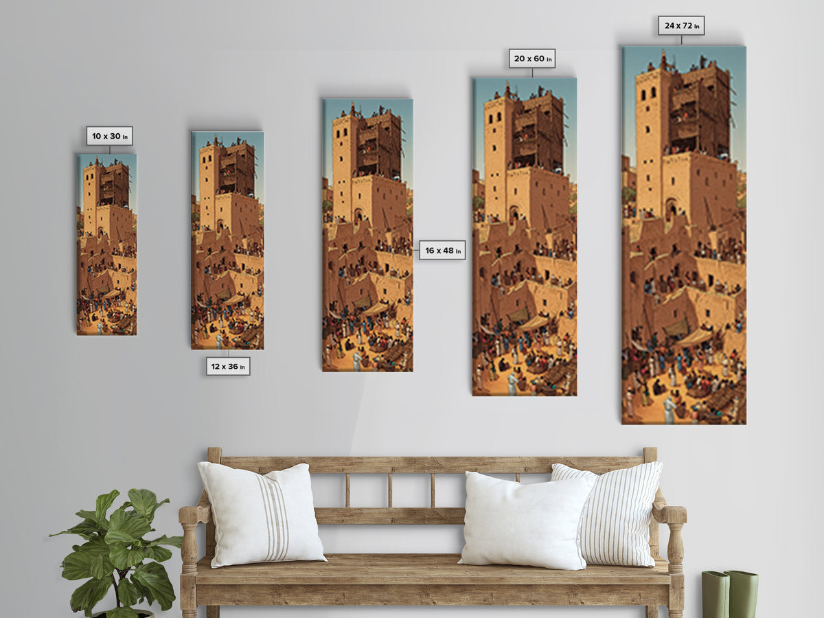 Desert Market Tower And Adobe City Wall Art, African Travel Poster, Moroccan Inspired Cultural Wall Decor, Warm Earth Tone Gift