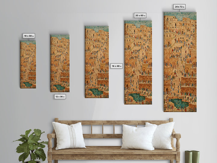 Ancient African Stairway Market Wall Art, Desert Cityscape Canvas Print, Terracotta Cultural Decor, Historic Village Artwork