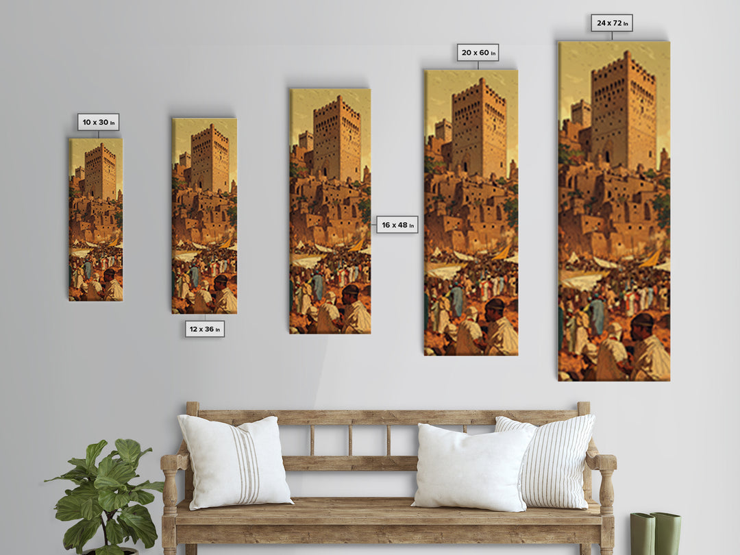 Moroccan Kasbah Market Wall Art, Sunset Desert Tower Canvas Print, African Travel Poster, Warm Terracotta Home Decor Artwork