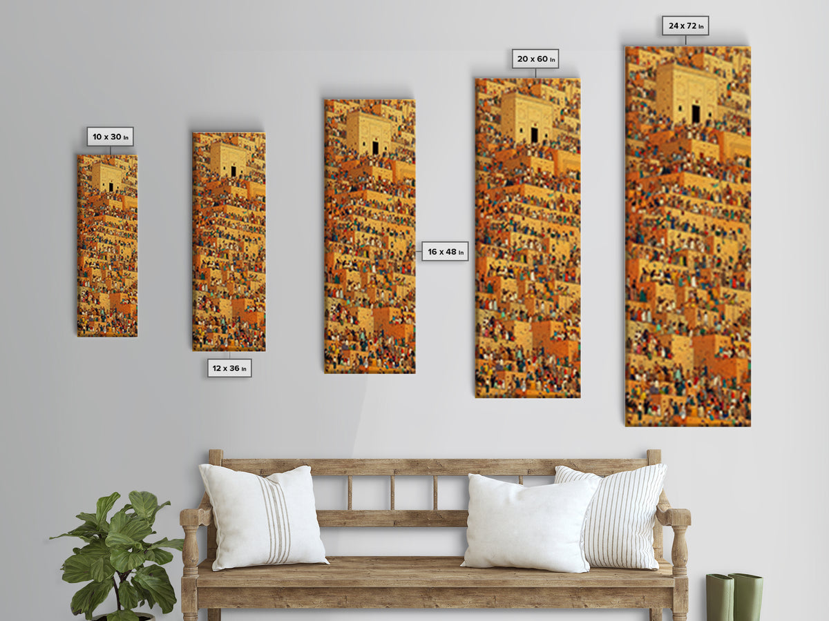 Golden African City Stairs Wall Art, Mud Brick Village Canvas Print, Busy Market Scene, Cultural Home Decor Artwork Poster