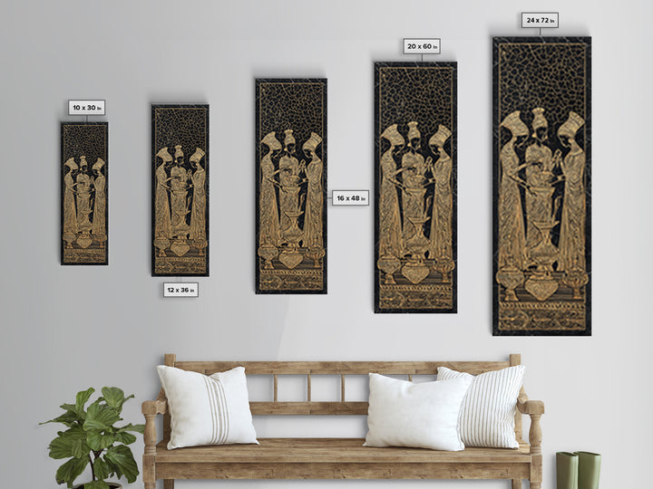 Golden African Women Ritual Wall Art, Ancient Egyptian Inspired Black Gold Canvas, Afrocentric Decor, Tribal Ceremony Print
