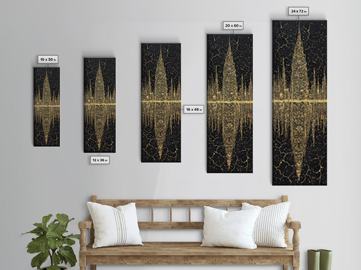 Golden Futuristic Totem Skyline Wall Art, African Abstract Black Gold Decor, Modern Canvas Art, Statement Living Room Print