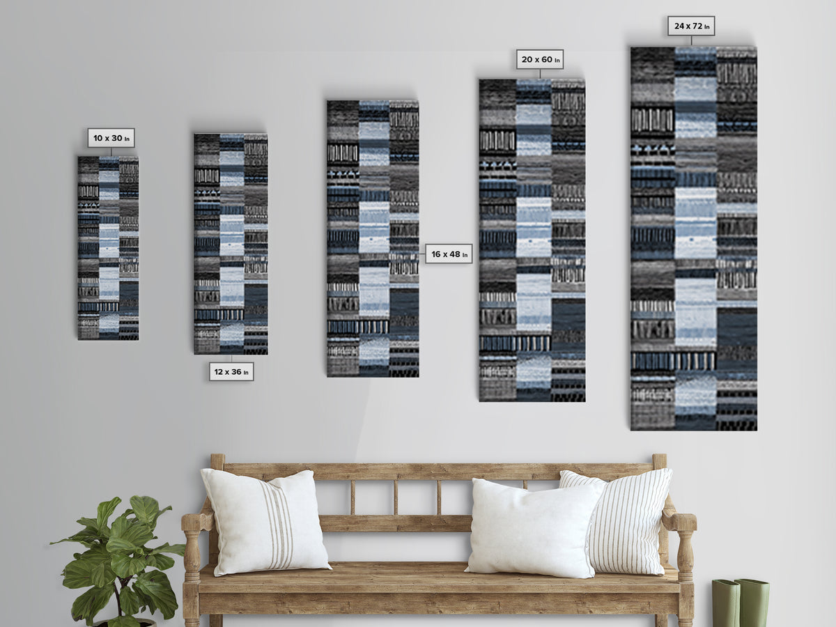 Blue Black Woven Textile Canvas Print, African Fabric Pattern, Minimalist Wall Art, Modern Boho Office And Home Decor Print