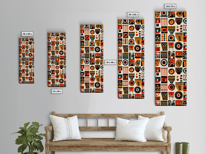 Orange Black African Symbols Wall Art, Tribal Mask Inspired Geometric Pattern, Afrocentric Canvas Print, Bold Home Decor