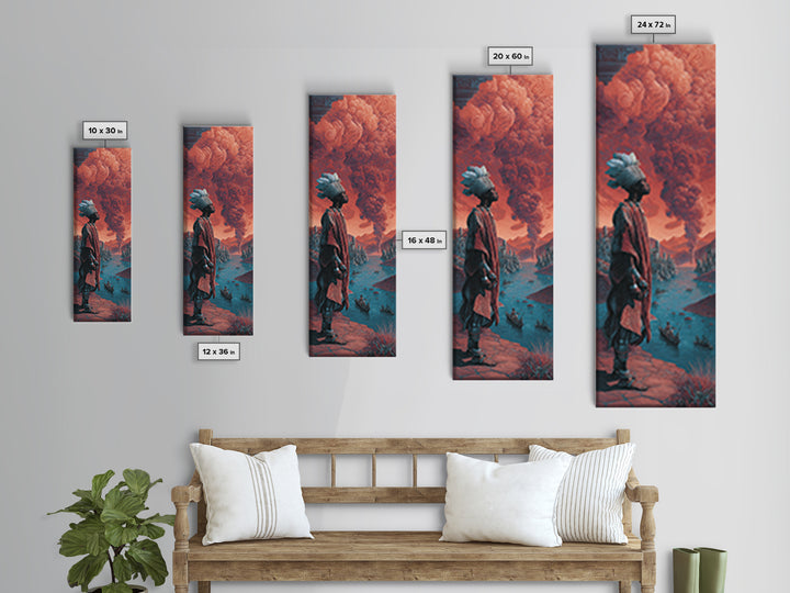 African Warrior Watching Crimson Smoke Canvas Print, Fantasy City Wall Art, Afrocentric Landscape, Red Tribal Decor Gift