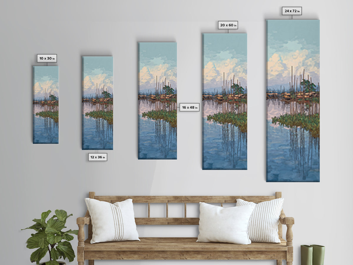 Peaceful African Lake Village Wall Art, Blue Water Landscape Canvas Print, Coastal Home Decor, Serene Travel Art Gift For Living Room