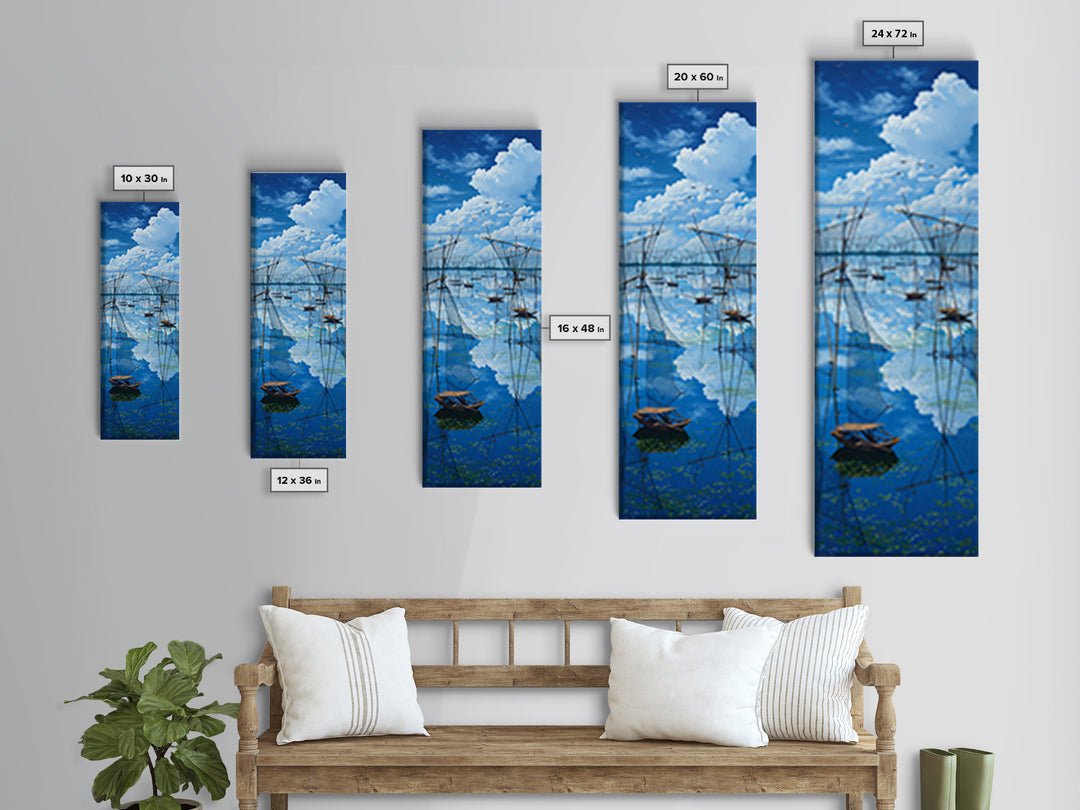Dramatic Blue Fishing Nets Wall Art, African Lake Canvas Print, Coastal Landscape Decor, Serene Safari Art Gift For Home