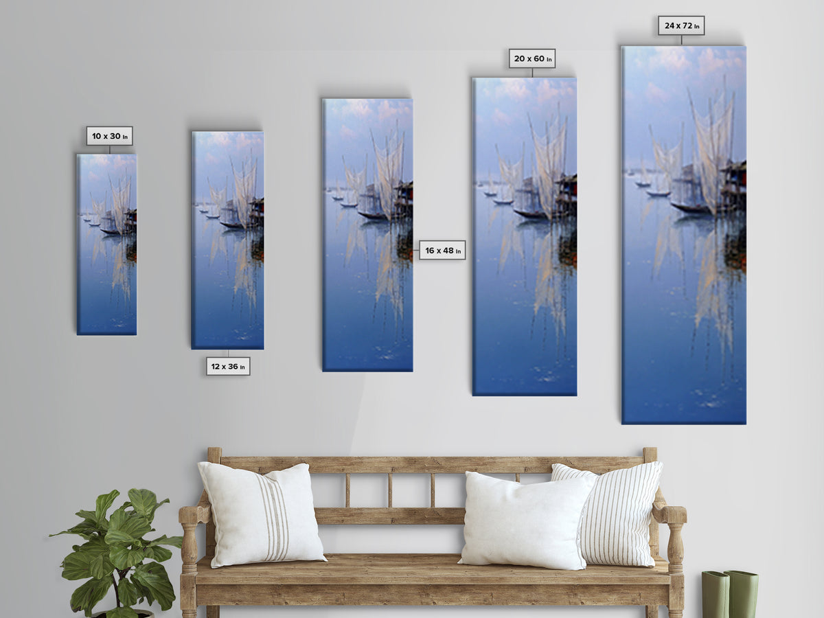Misty African Fishing Boats Wall Art, Blue Lake Canvas Print, Minimalist Coastal Decor, Serene Water Landscape Gift For Her
