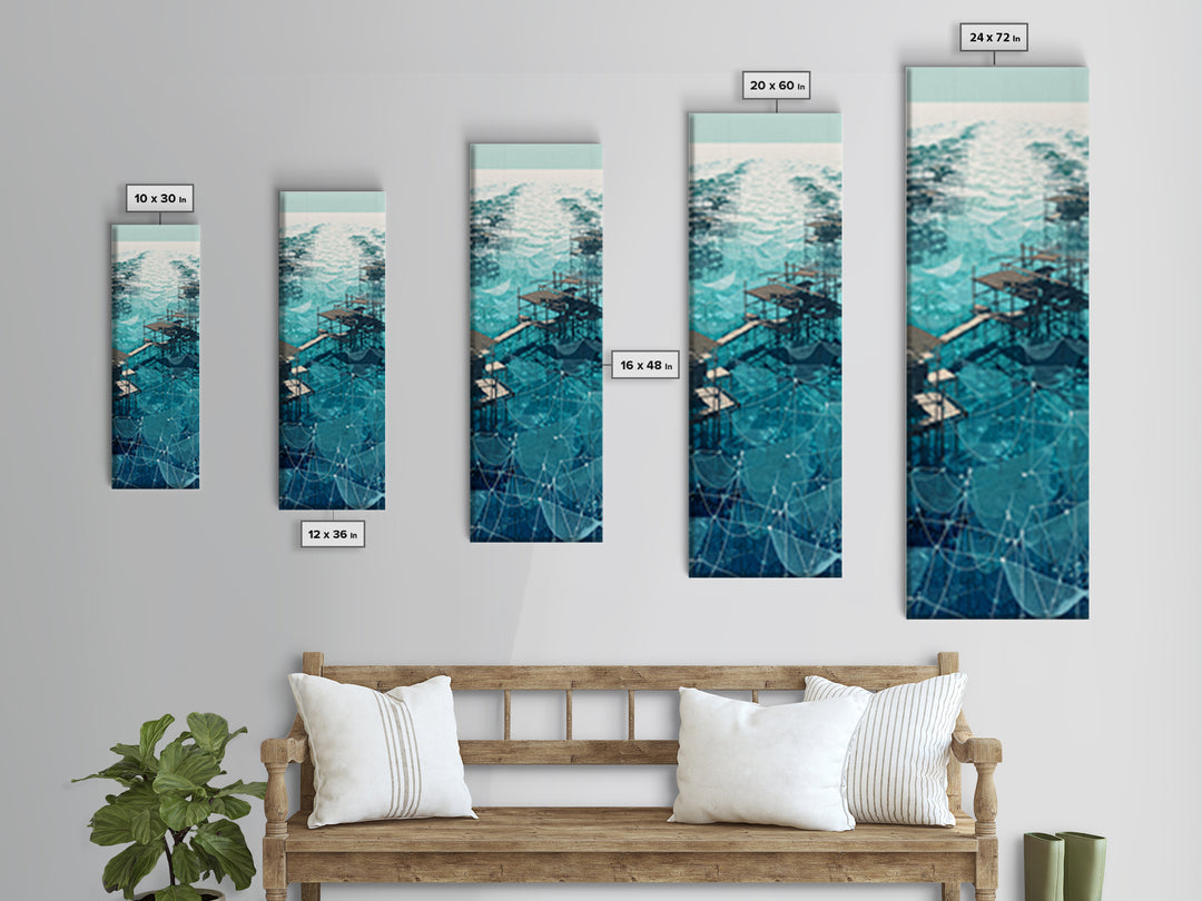 Turquoise African Stilt Village Wall Art, Aerial Lake Canvas Print, Modern Coastal Decor, Fishing Net Landscape Art Gift
