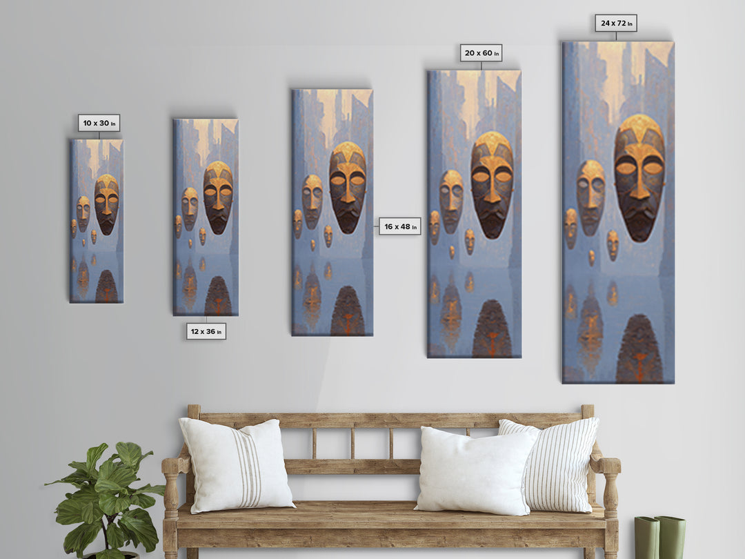Floating African Mask Spirits Wall Art, Surreal Blue Gold Canvas Print, Afrocentric Tribal Decor, Mystical Culture Art Gift