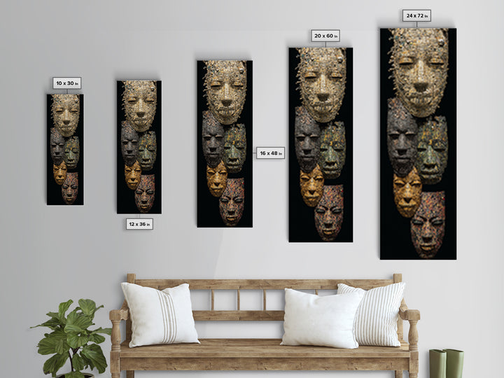 Textured African Mask Portrait Wall Art, Tribal Sculpture Canvas Print, Black Gold Afrocentric Decor, Cultural Artwork Gift