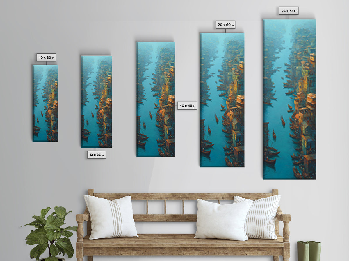 Teal Canal City With Boats Wall Art, Coastal Travel Decor, Blue Orange Painting, Large Canvas Print, Unique Home Decor Gift