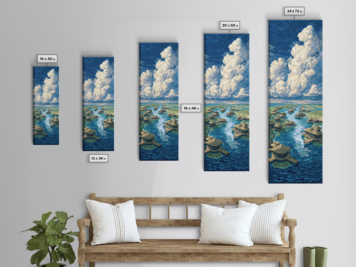 Tropical Lagoon Huts Under Clouds Canvas Print, Beach Art, Nature Scene Art, Blue Wall Decor, Coastal Home Decor Wall Art