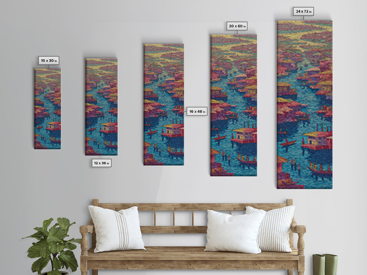 Colorful Pink African River Village Wall Art, Boats And Waterfront Homes, African Prints, Vibrant Cultural Canvas Print, Decor