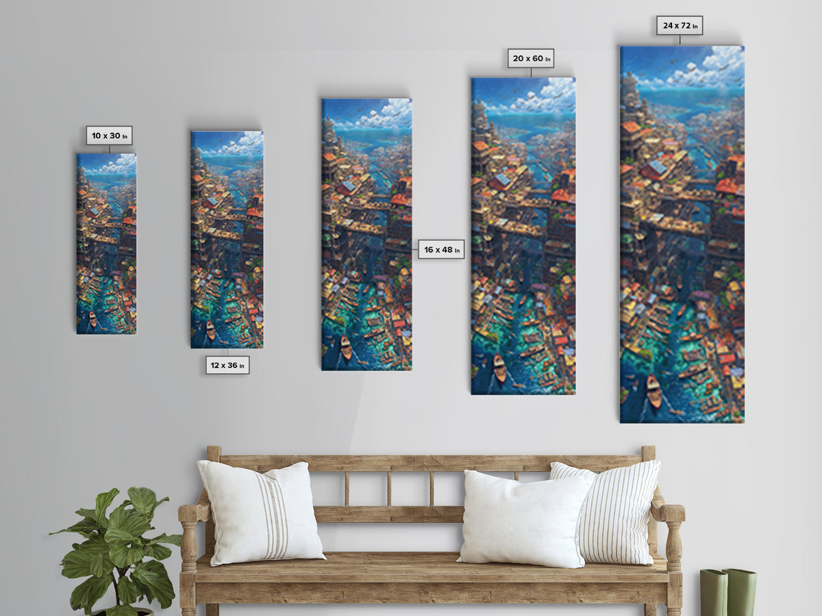 Fantastical African Canal City Wall Art, Boats Bridges And Coastal Skyline, Modern African Art, Statement Canvas Print, Decor