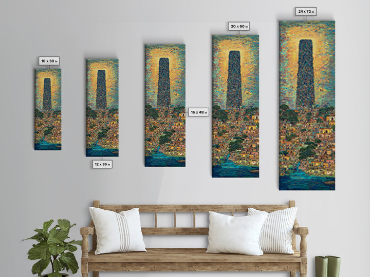 Monumental African Tower City Wall Art, Sunlit Waterfront Skyline, Modern African Art, Urban Statement Canvas Print, Decor