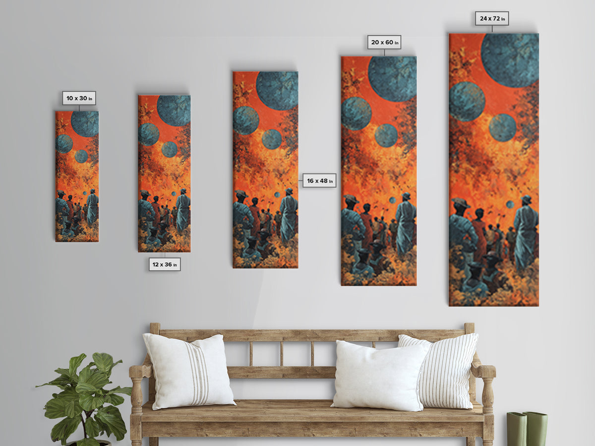 Surreal African Planet Gathering Wall Art, Orange Sky Blue Moons, Afrofuturism Decor, Spiritual Framed Canvas Print, Mystical Wall Decor