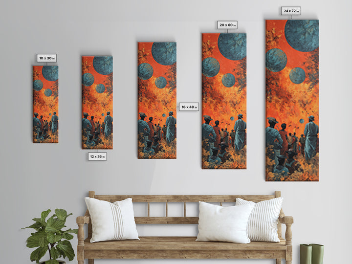 Surreal African Planet Gathering Wall Art, Orange Sky Blue Moons, Afrofuturism Decor, Spiritual Framed Canvas Print, Mystical Wall Decor