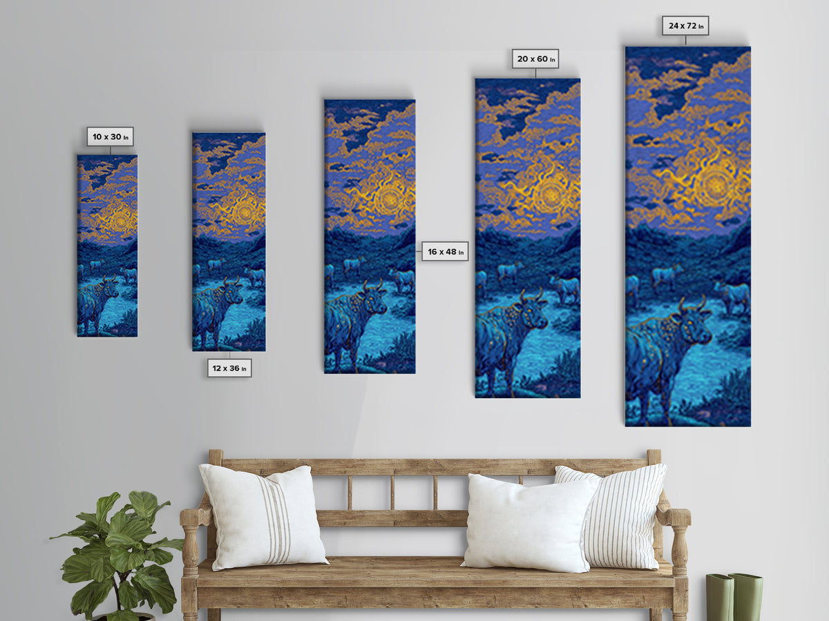Blue Cow Under Orange Swirl Sky Canvas Print, Rustic Nature Scene Art, Animal Wall Art, Farmhouse Decor, Unique Wall Decor
