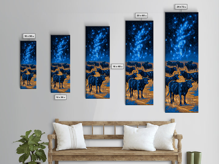 Longhorn Cattle Herd Beneath Blue Milky Way Framed Canvas Print, Western Animal Wall Art, Nature Scene Art, Bedroom Decor