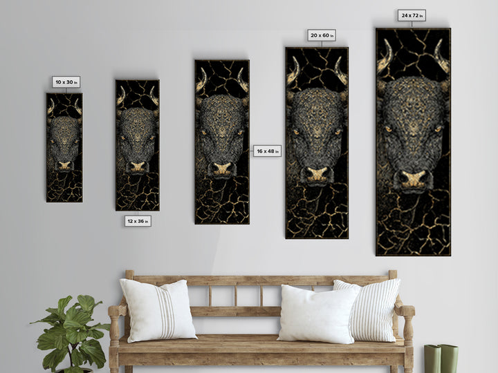 Black Bull Face With Gold Cracked Texture Canvas Print, Powerful Animal Wall Art, Black And Gold Art, Bold Home Decor, Statement Piece