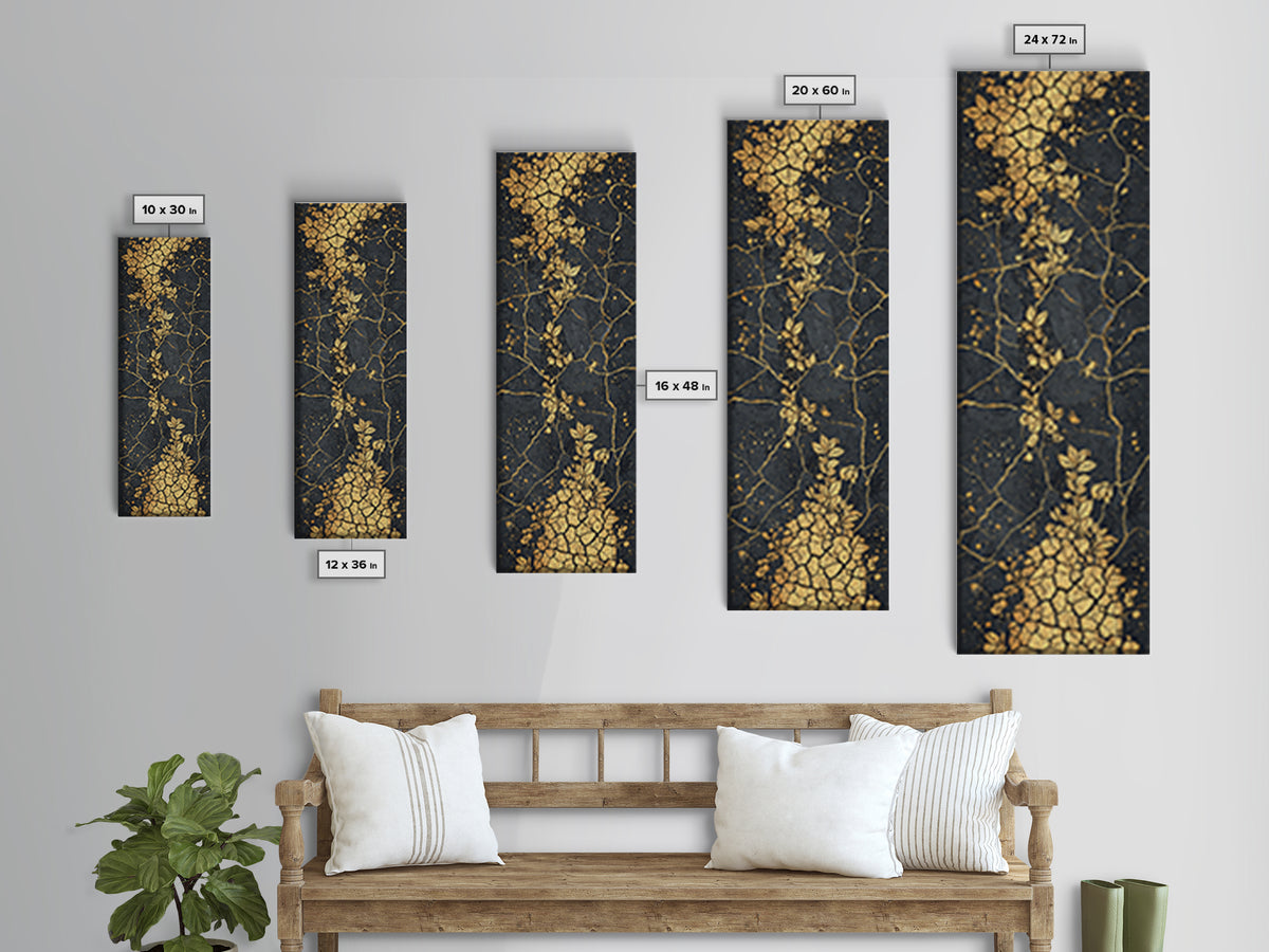 Gold Botanical Kintsugi Cracked Stone Wall Art, Black And Gold Floral Abstract, Luxury African Inspired Canvas Home Decor