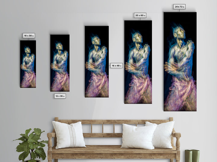 Expressive Blue Male Figure Framed Canvas Print, Modern Black Art, Abstract Portrait Wall Decor, Emotional Figurative Artwork