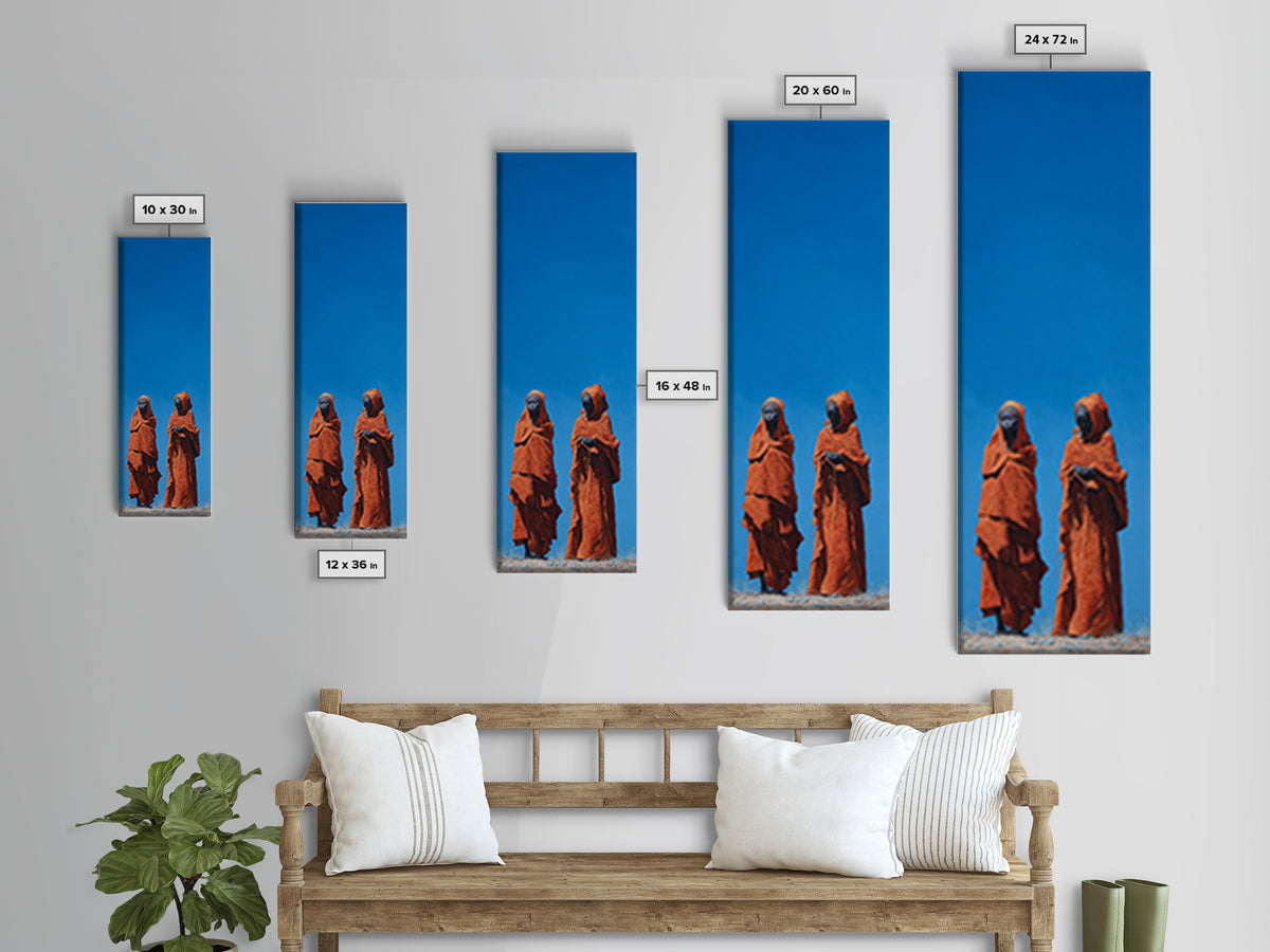 Two African Women In Orange Robes Wall Art, Minimalist Desert Portrait, Blue Sky Cultural Decor, Afrocentric Canvas Print